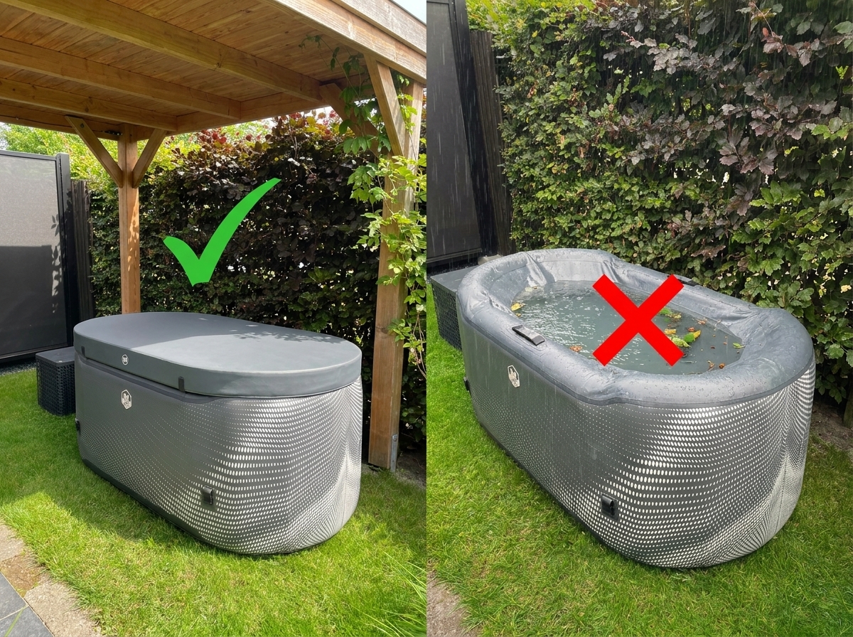 Links: topcover droog onder een afdak (goed). Rechts: topcover ingezakt en vol regenwater (fout).